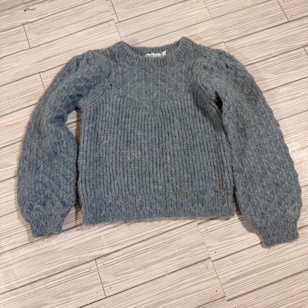 Abel & Lula Girls Blue Pointelle Knit Puff Sleeve Sweater Size 7 Pullover